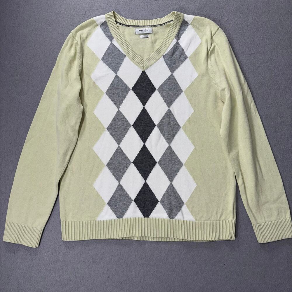 Van Heusen Sweater Mens L Green Gray Argyle V Neck Pullover